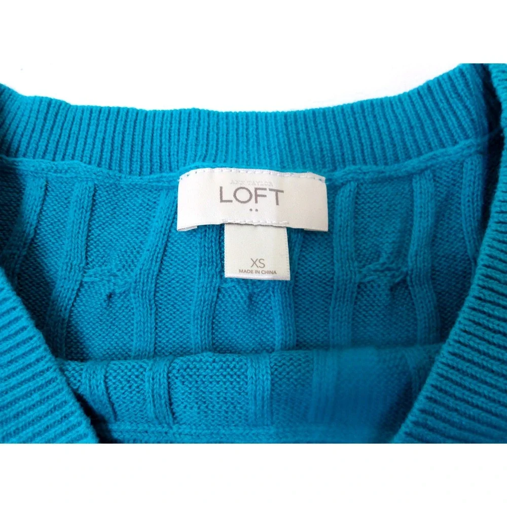 Ann Taylor Loft Teal Cable Knit V‎ Neck Sweater Women's XS / #1216